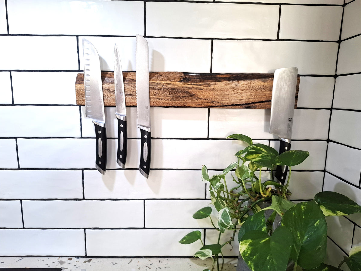 Handmade Wooden Magnetic Knife Holder: Wall-Mounted Kitchen Storage