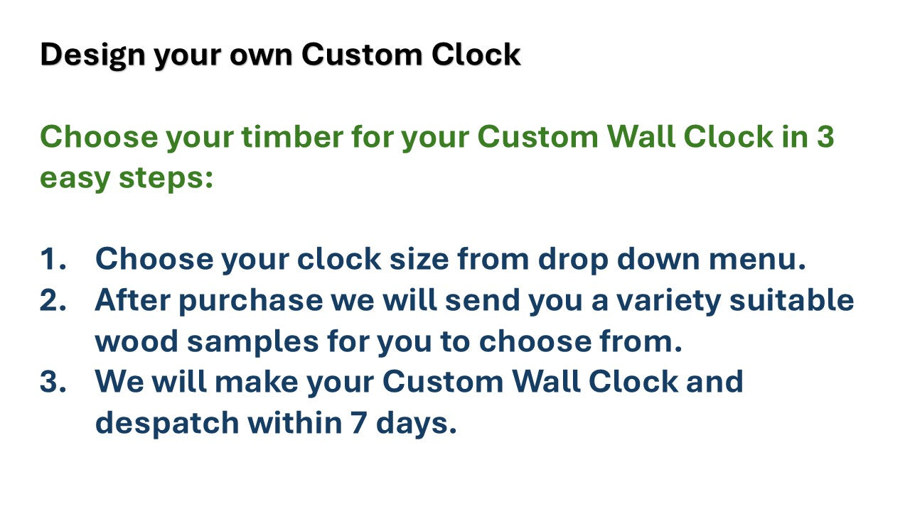 Custom Handmade Large Australian Wooden Wall Clocks, Choose your design and timber