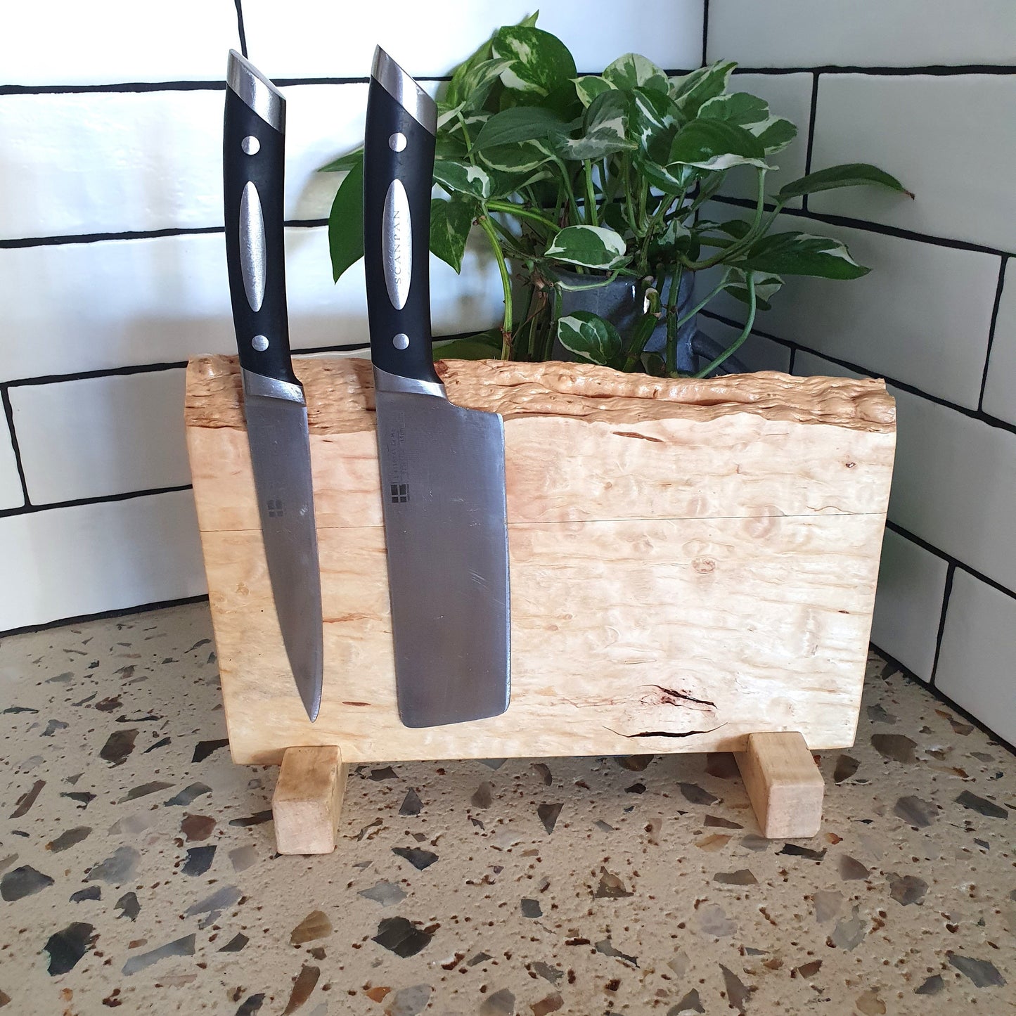 Two knives on a wooden block with a plant in the background
