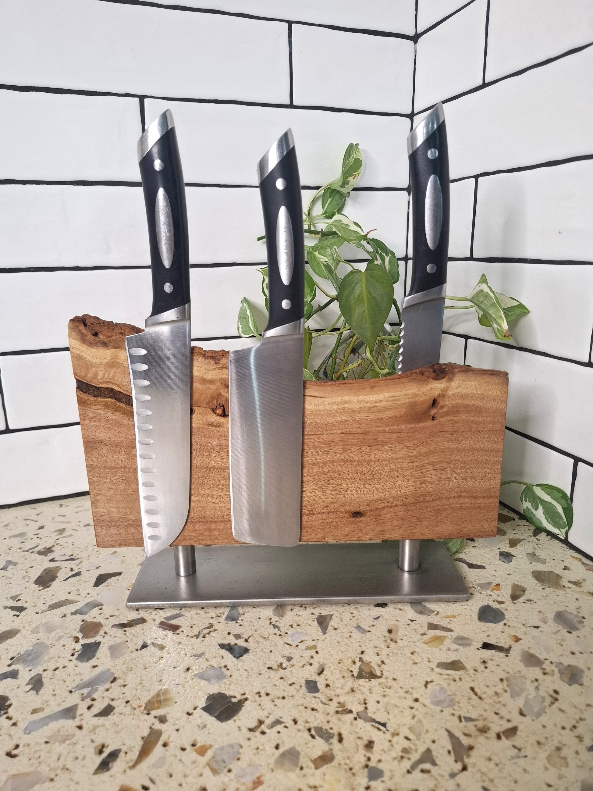 Double Sided Magnetic Knife Block amde from Blackbutt wood and Stainless Steel base.