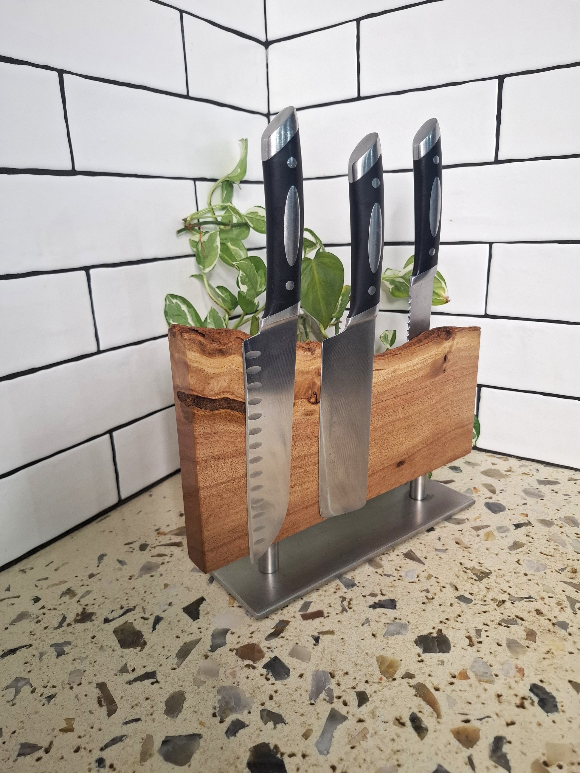 Double Sided Magnetic Knife Block amde from Blackbutt wood and Stainless Steel base.
