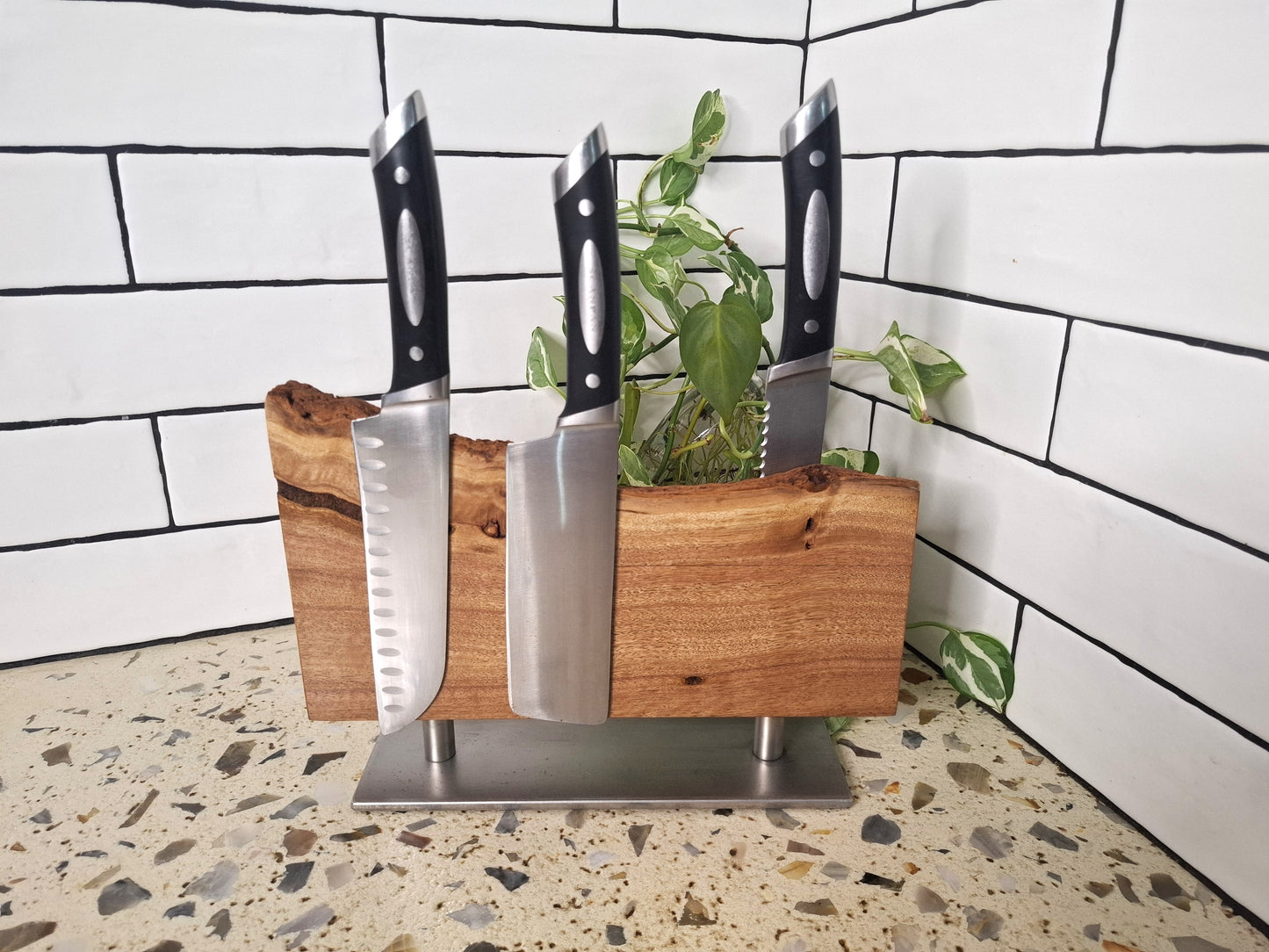 Double Sided Magnetic Knife Block amde from Blackbutt wood and Stainless Steel base.