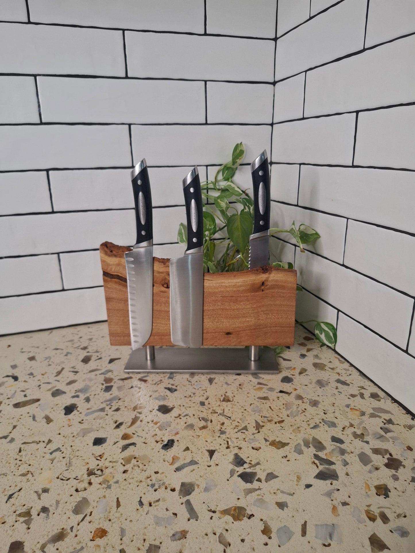 Double Sided Magnetic Knife Block amde from Blackbutt wood and Stainless Steel base.