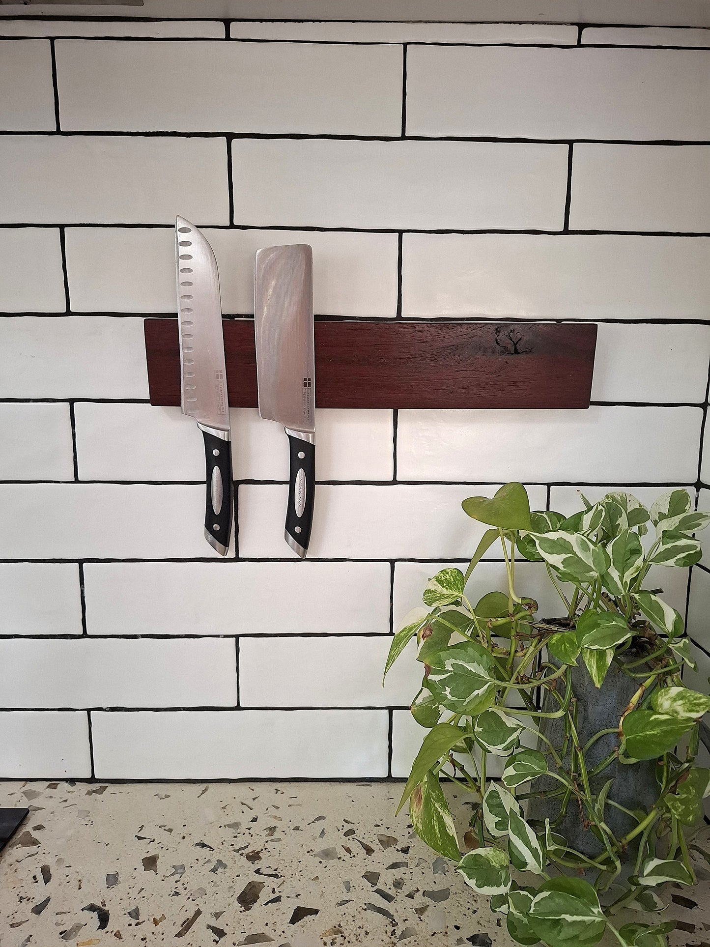 Two knives on a magnetic knife holder against a tiled wall with a plant in the foreground.