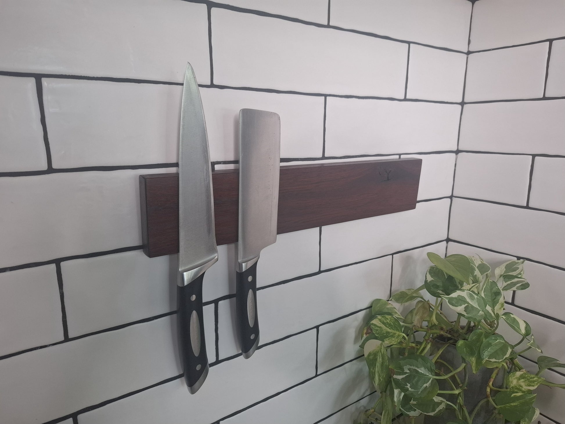 Two knives on a magnetic knife holder against a tiled wall with a plant in the corner.