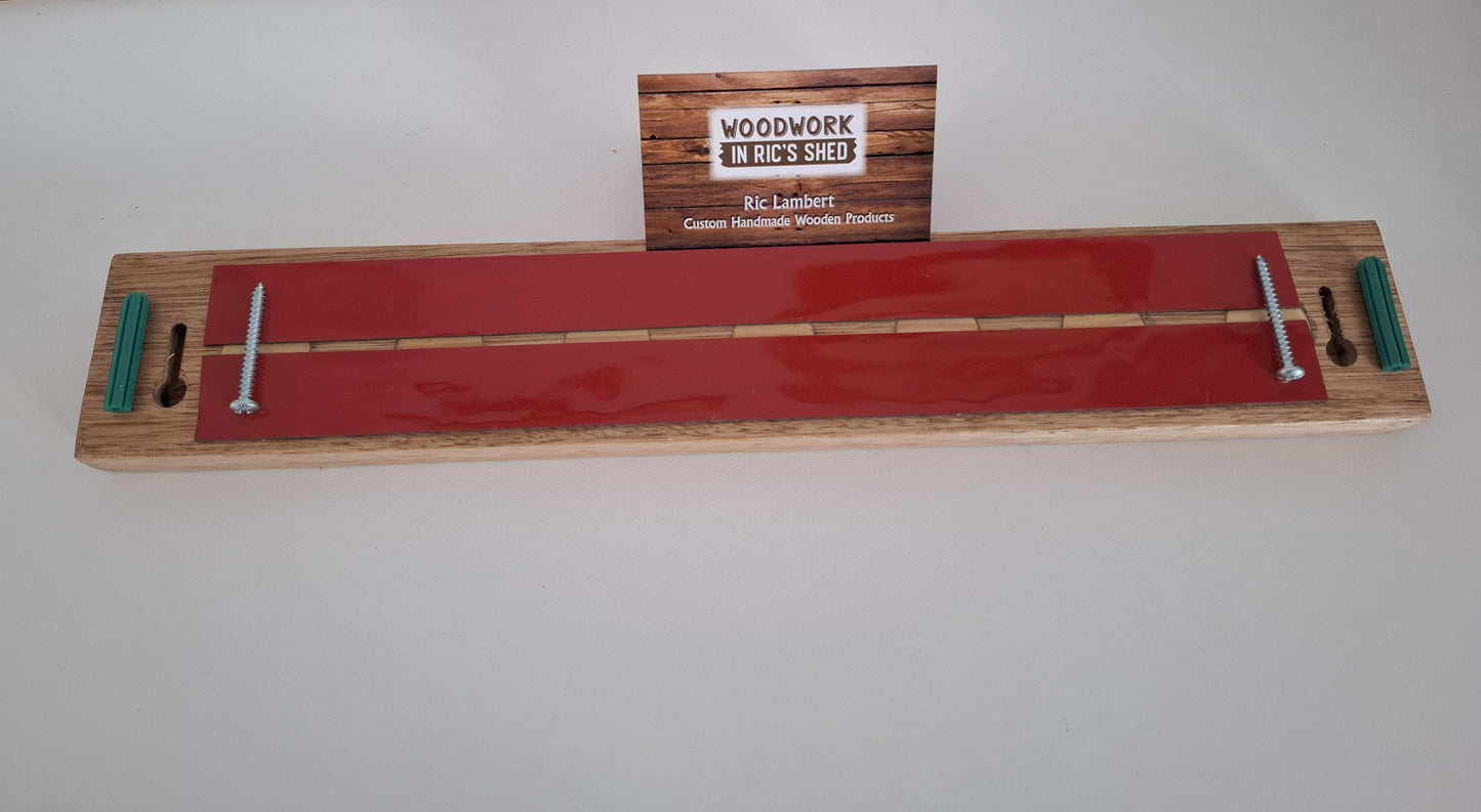 Wooden tool holder with double sided with wall fixings on a white background, featuring a 'Woodwork Ric Shop' sign.