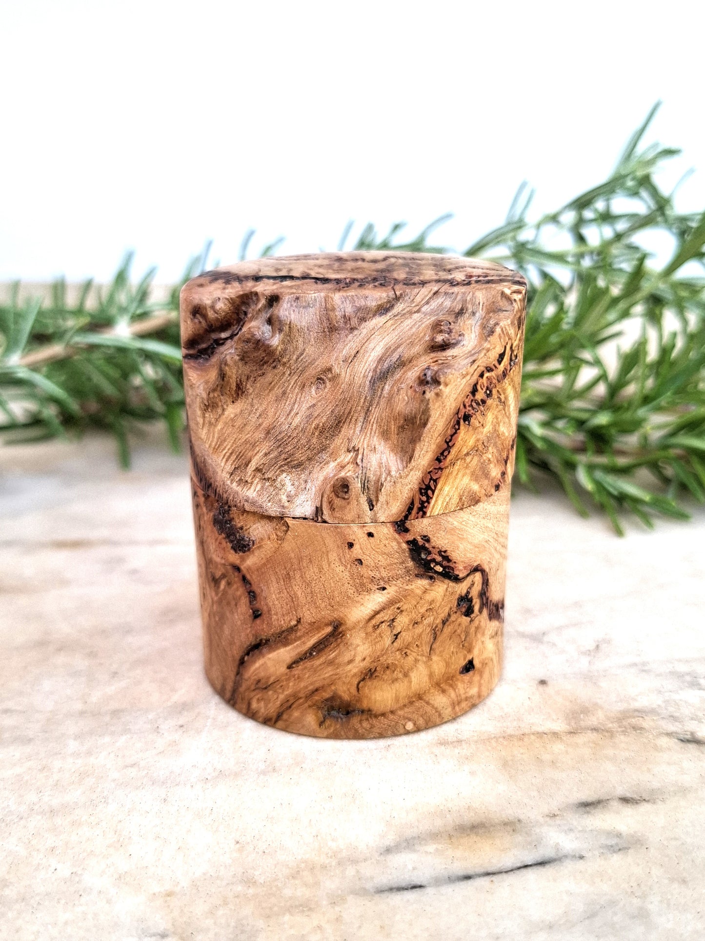 Blue Gum Burl ring box with a ring inside, surrounded by greenery on a light background
