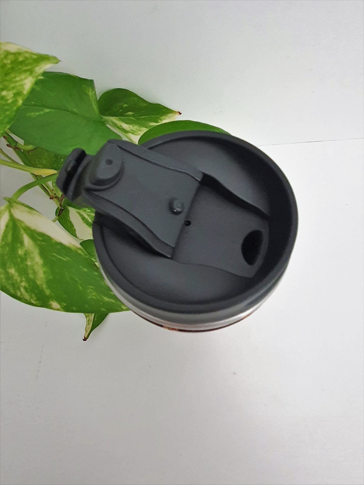 Black lid on a white cup with green leaves in the background