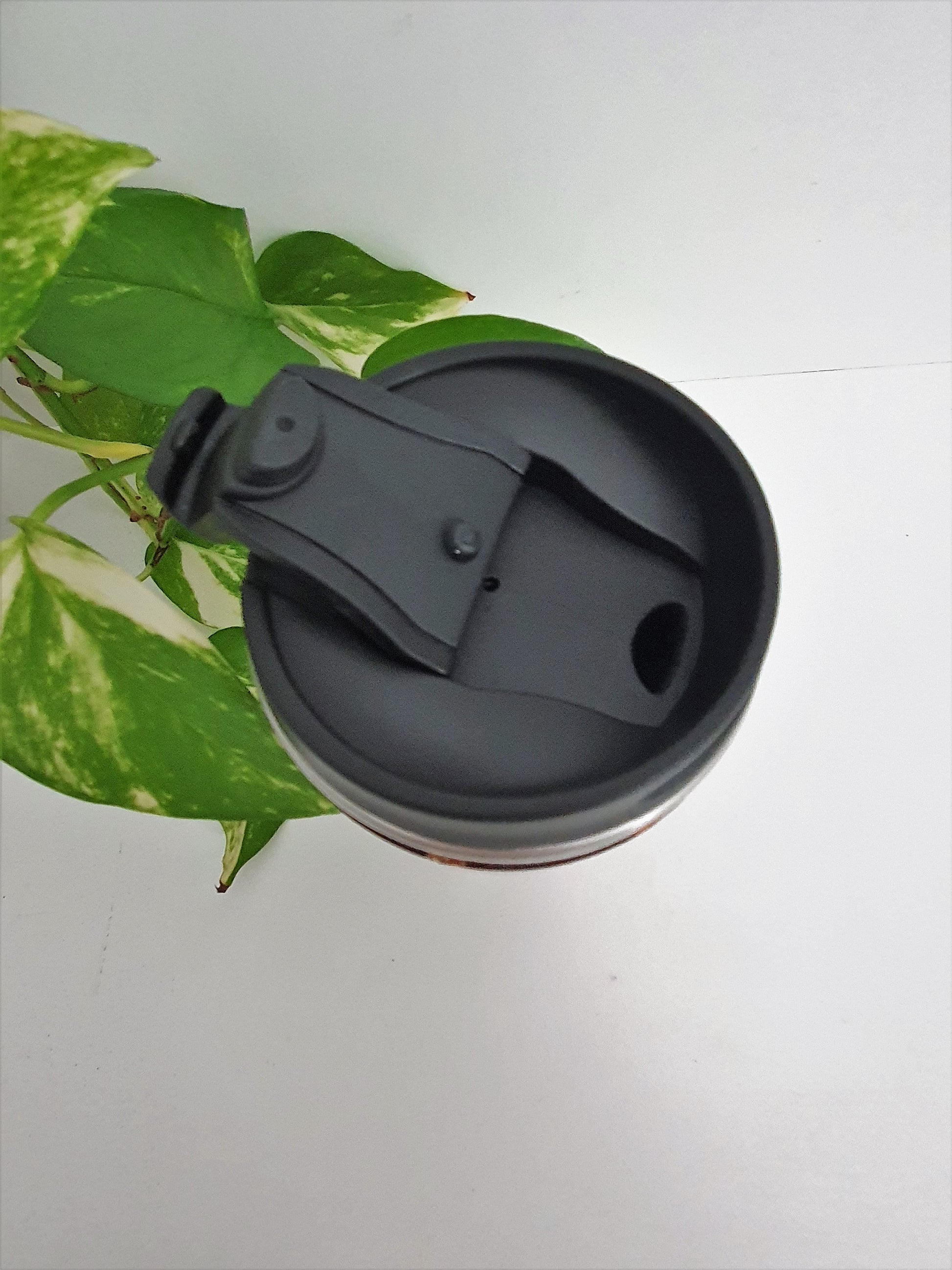 Black lid on a white cup with green leaves in the background